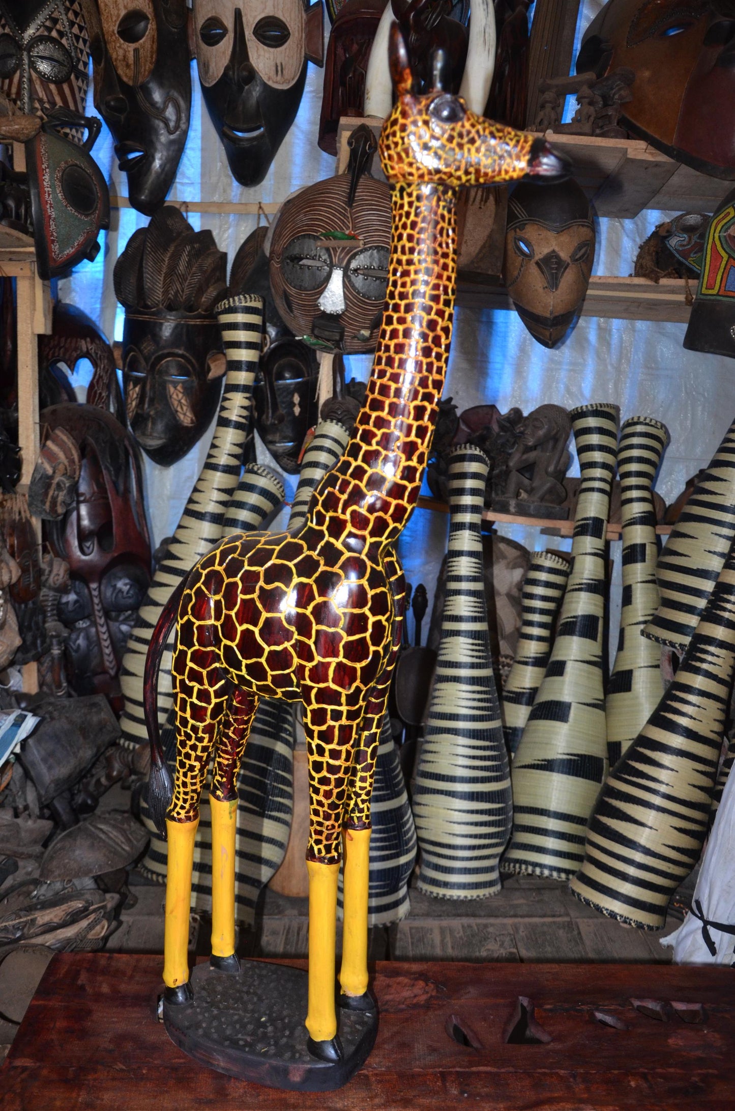 Hand-Carved African Wooden Giraffe Sculpture - 45" Tall Large Wildlife Statue, High-End Wood Carving Statement Piece.