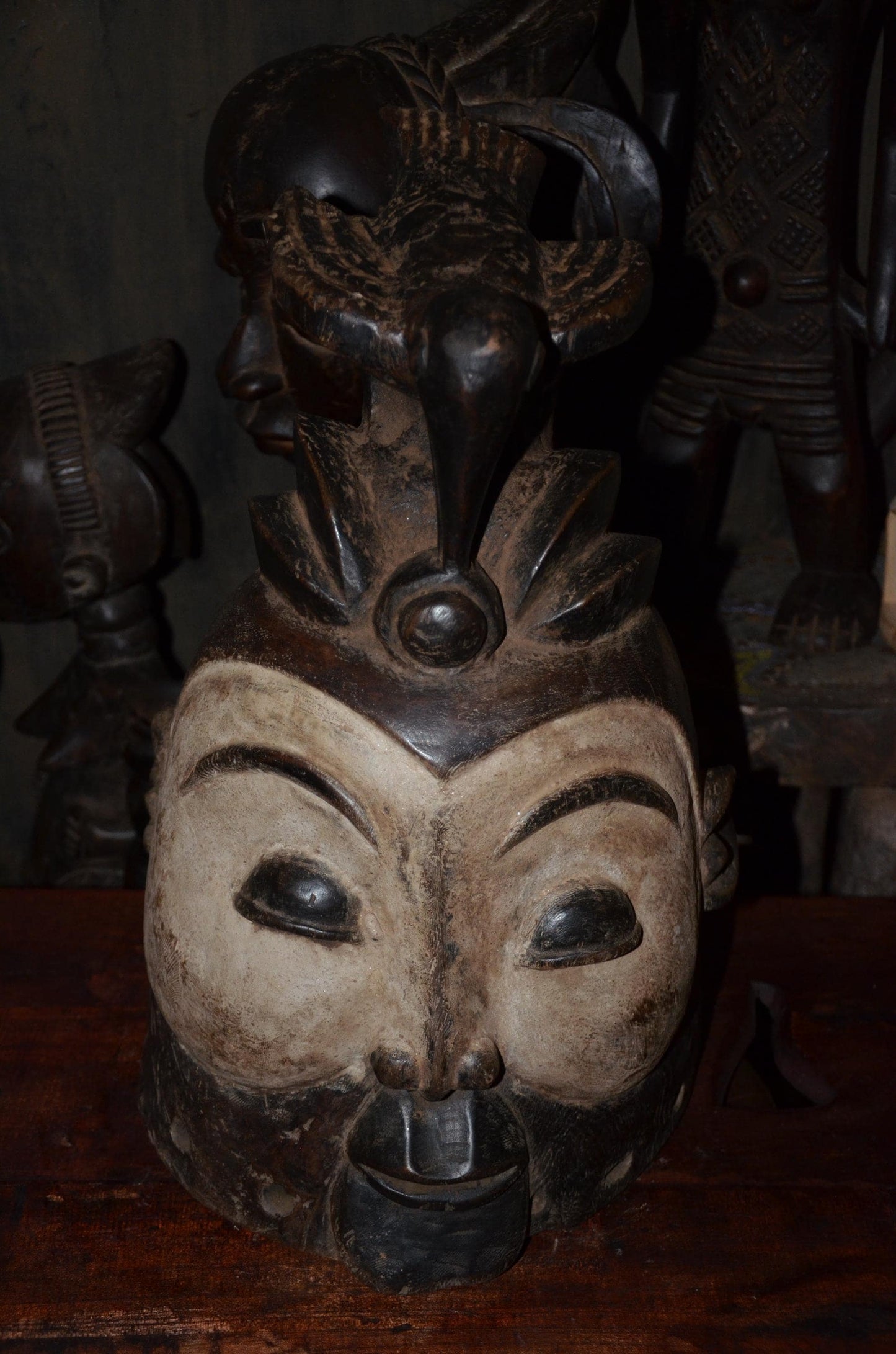 Lega Ceremonial Prestige Hat - 19" Authentic Congo Helmet Mask, Striking Kaolin Face, African Initiation Art.