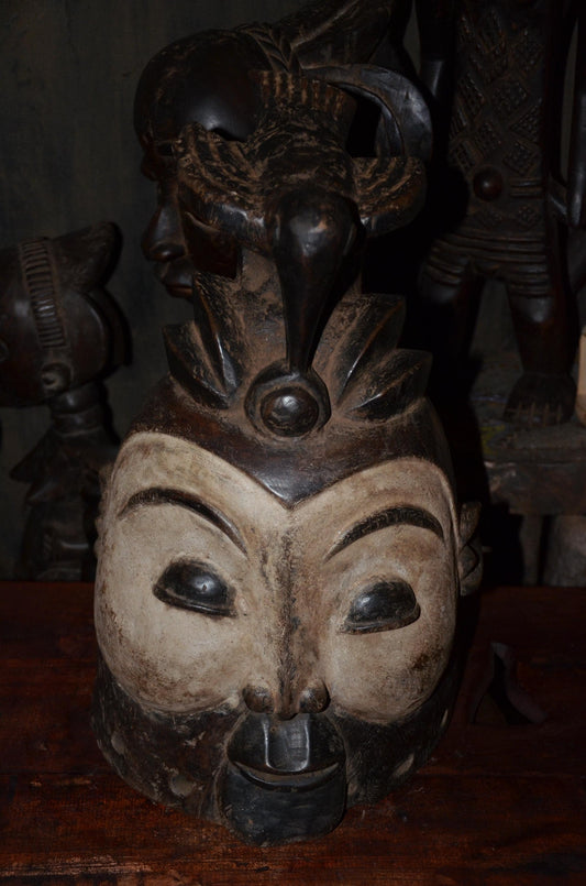 Lega Ceremonial Prestige Hat - 19" Authentic Congo Helmet Mask, Striking Kaolin Face, African Initiation Art.