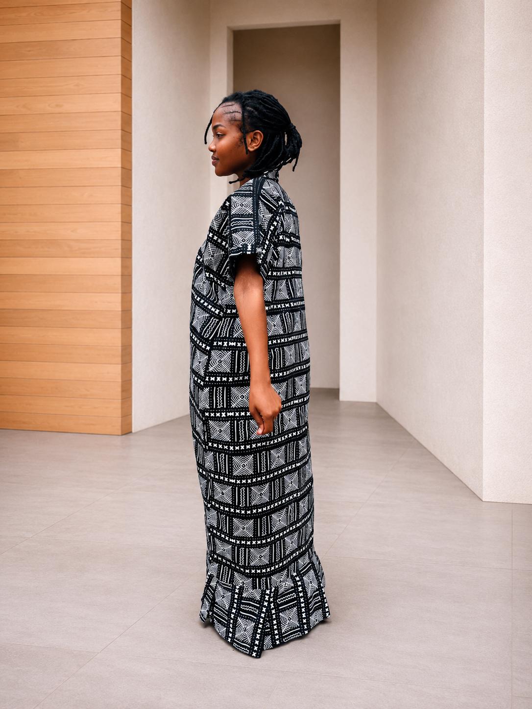 Black & White Box-Pattern Shirt Kaftan | Buttoned Tribal Boubou, Monochromatic Maxi