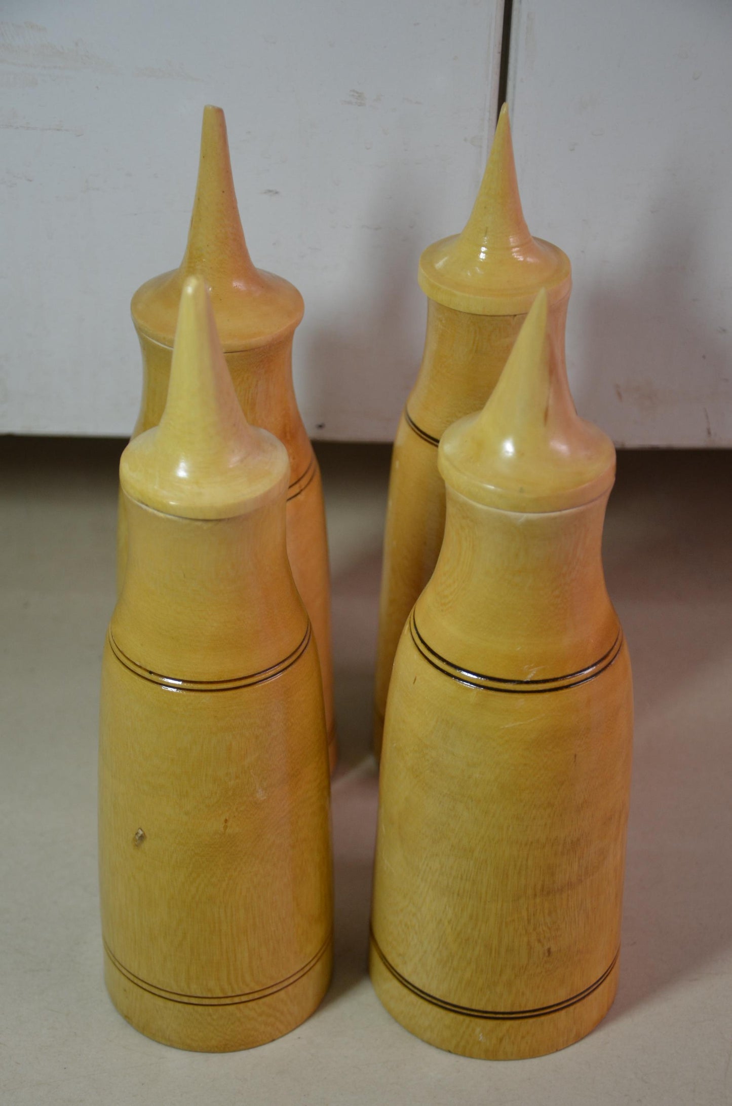 Blonde Wood Finial Bottles Set | Pointed Lid Canister Collection