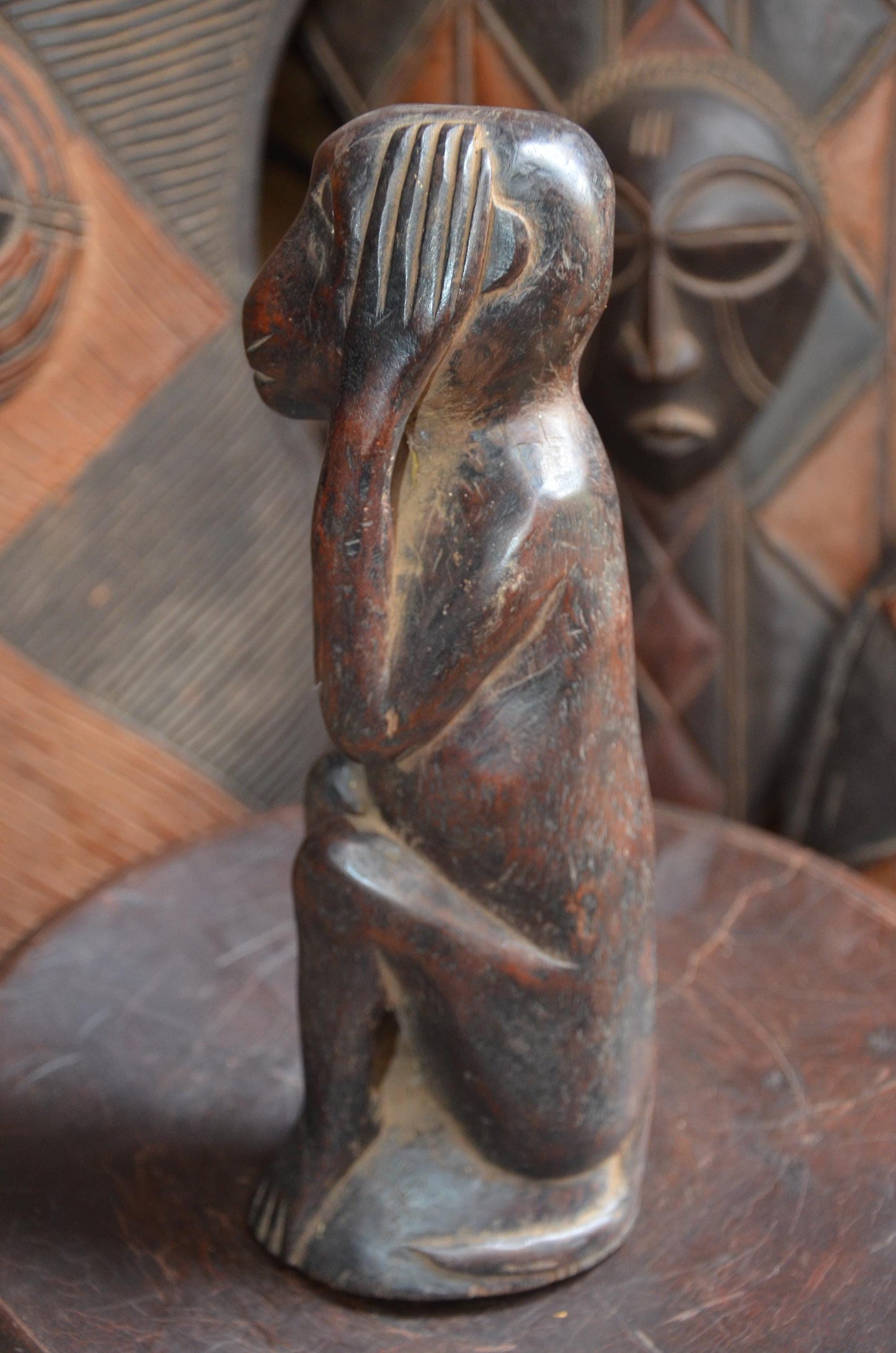 Authentic Hemba Chimpanzee Power Figure - 12" Hand-Carved Wood Soko Mutu Statue, Traditional Primate Ancestor Carving.