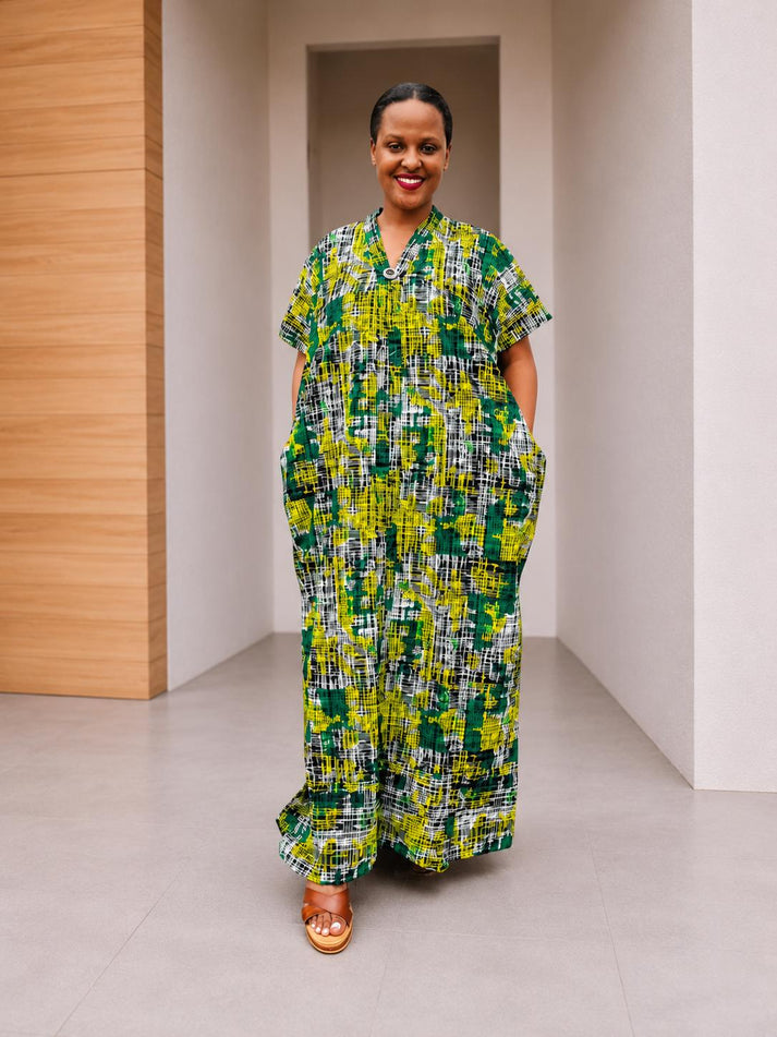 Crosshatch Kampala Boubou | Abstract Batik Kaftan Gown, Free-Size Silk Maxi