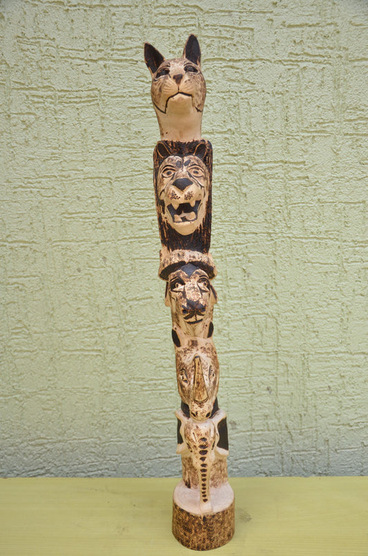 African Wooden Safari Animal Totem Sculpture | Tribal Art