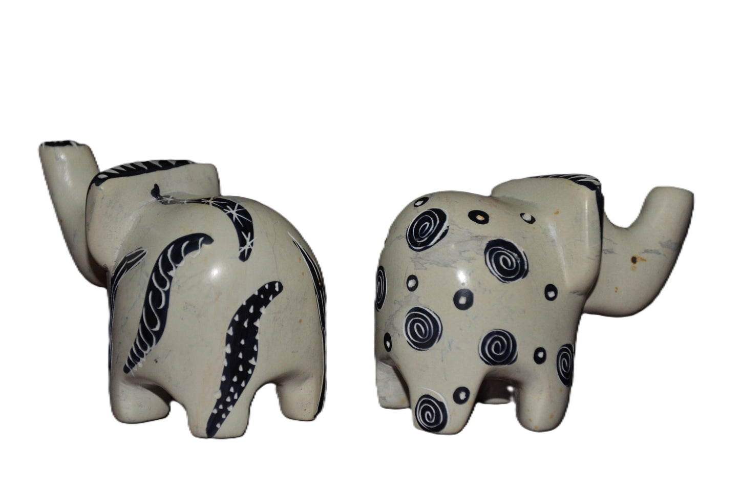 Set of 2 Soapstone Elephant Figurines Hand Carved Kenyan Animal Statue Cream Black Modern Boho Shelf Decor Elephant Lover Gift Art