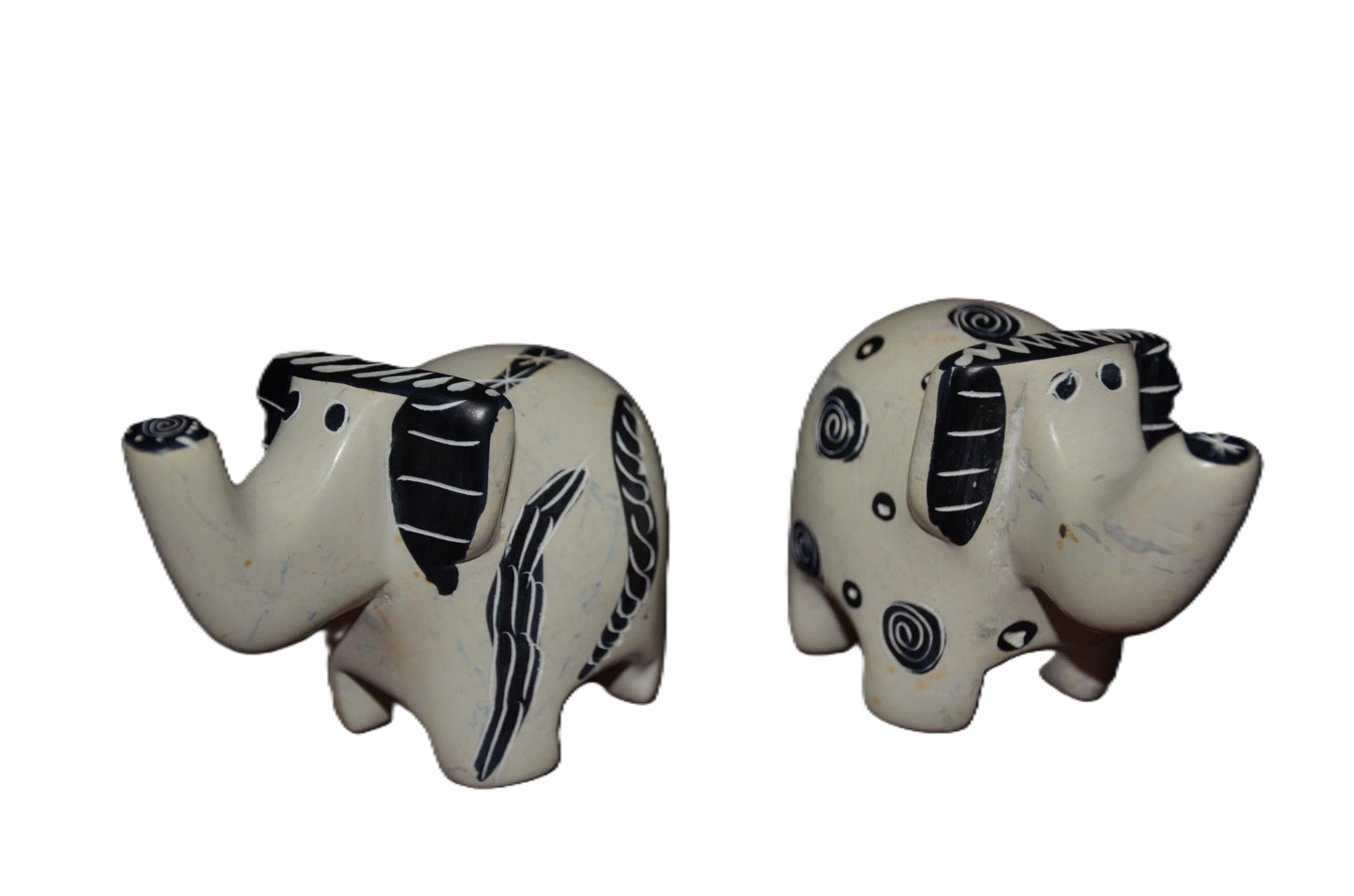 Set of 2 Soapstone Elephant Figurines Hand Carved Kenyan Animal Statue Cream Black Modern Boho Shelf Decor Elephant Lover Gift Art