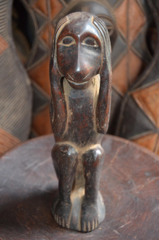 Authentic Hemba Chimpanzee Power Figure - 12" Hand-Carved Wood Soko Mutu Statue, Traditional Primate Ancestor Carving.