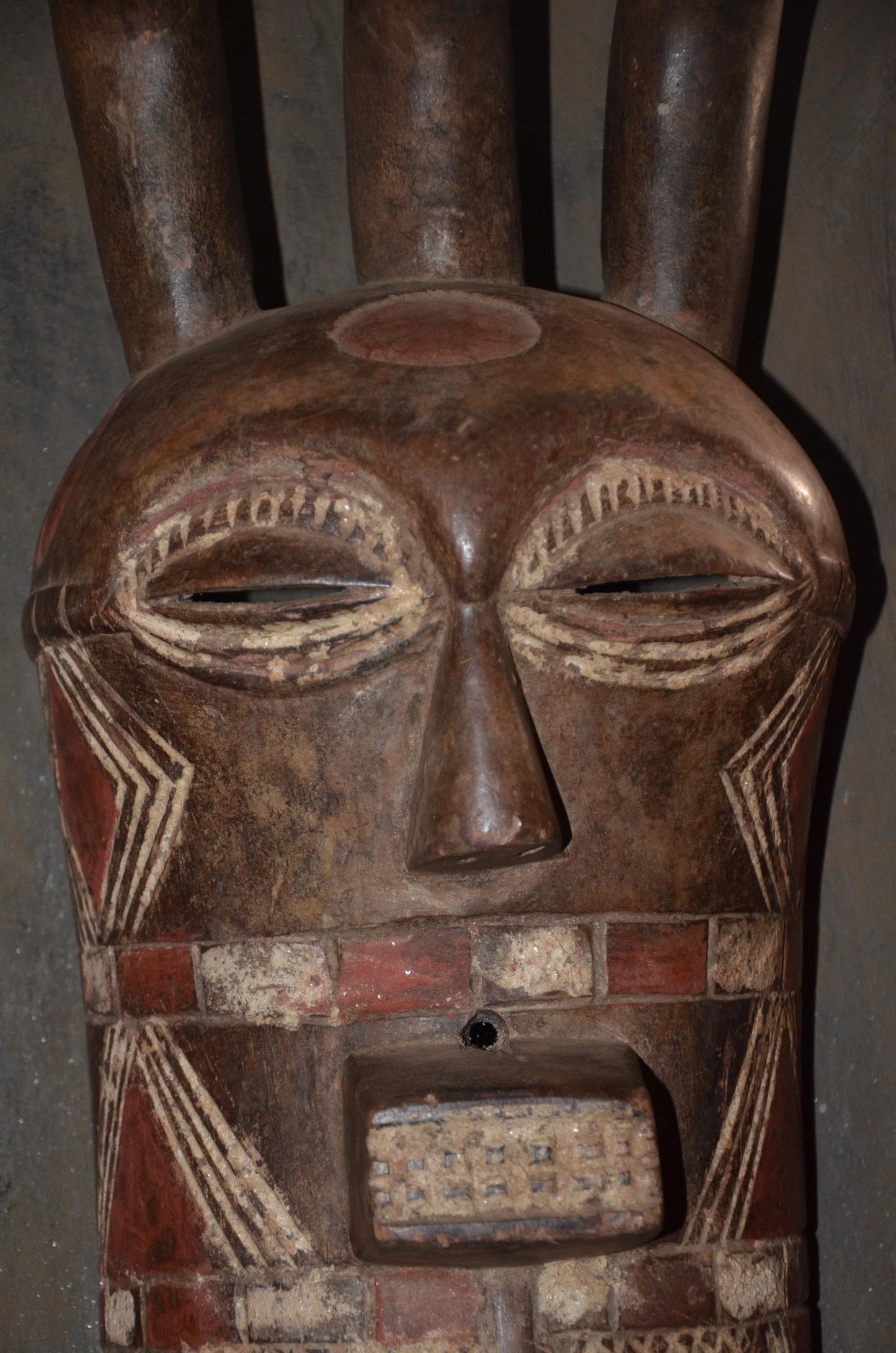 Marka Ntomo Polychrome Mask - 21" Authentic Mali Maraka Wood Carving, Three-Horned Initiation Face Mask.