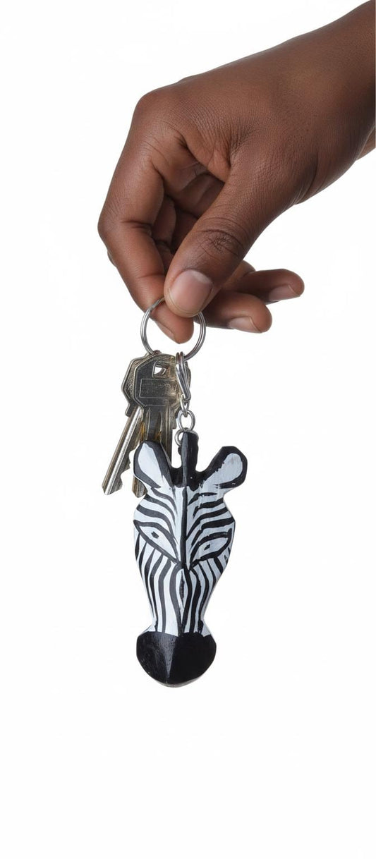 Zebra Head Wooden Keyholder, Handmade African Carved Wood Safari Animal Keyring