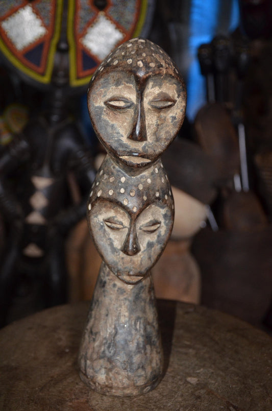 Authentic Lega Multi-Headed Figure - 13" Hand-Carved Wood Sakmatwematwe Sculpture, Traditional Kaolin Clay Patina.