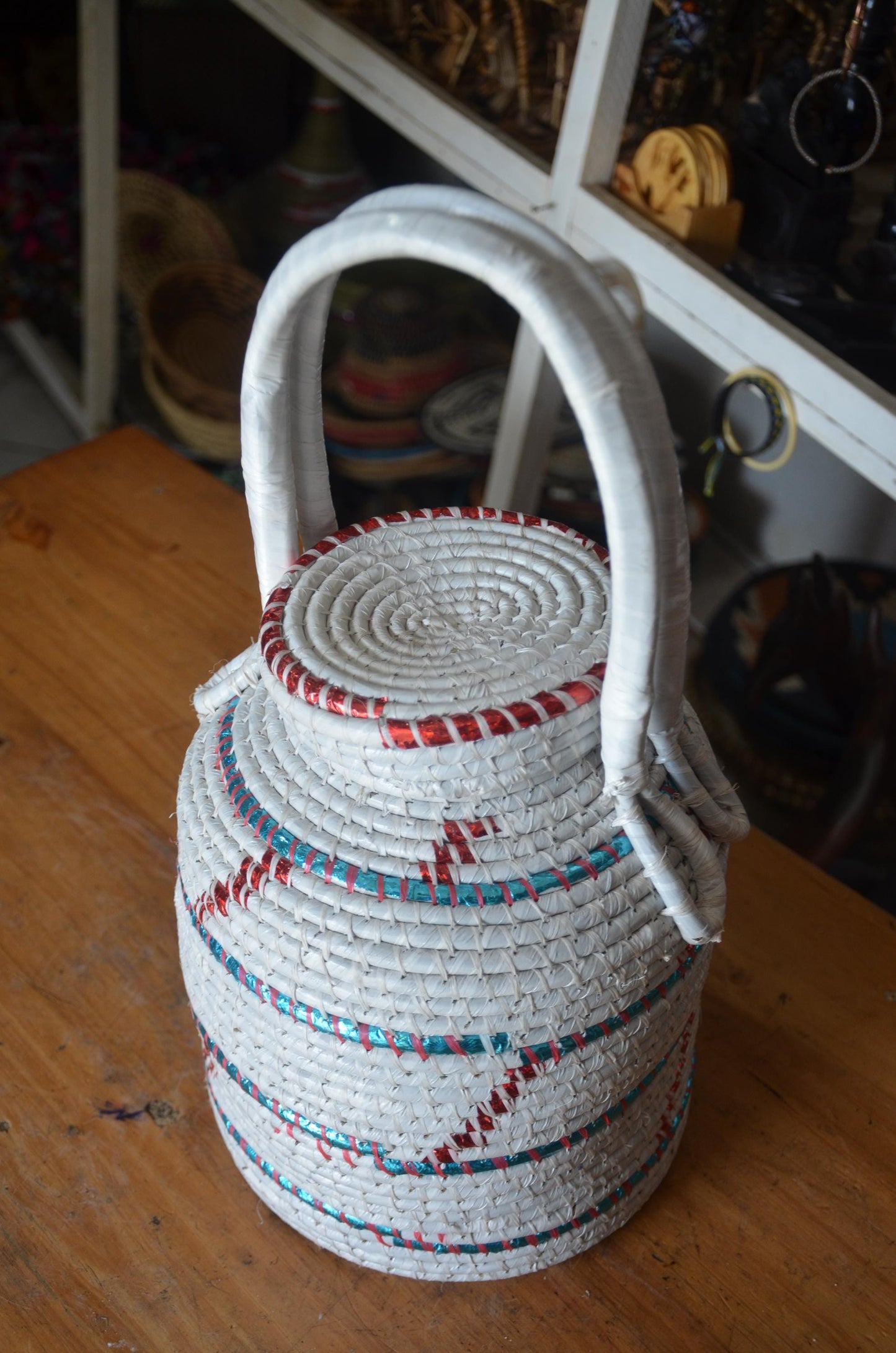 Handwoven Rwandan Agaseke Basket | White Boho Storage Basket with Lid