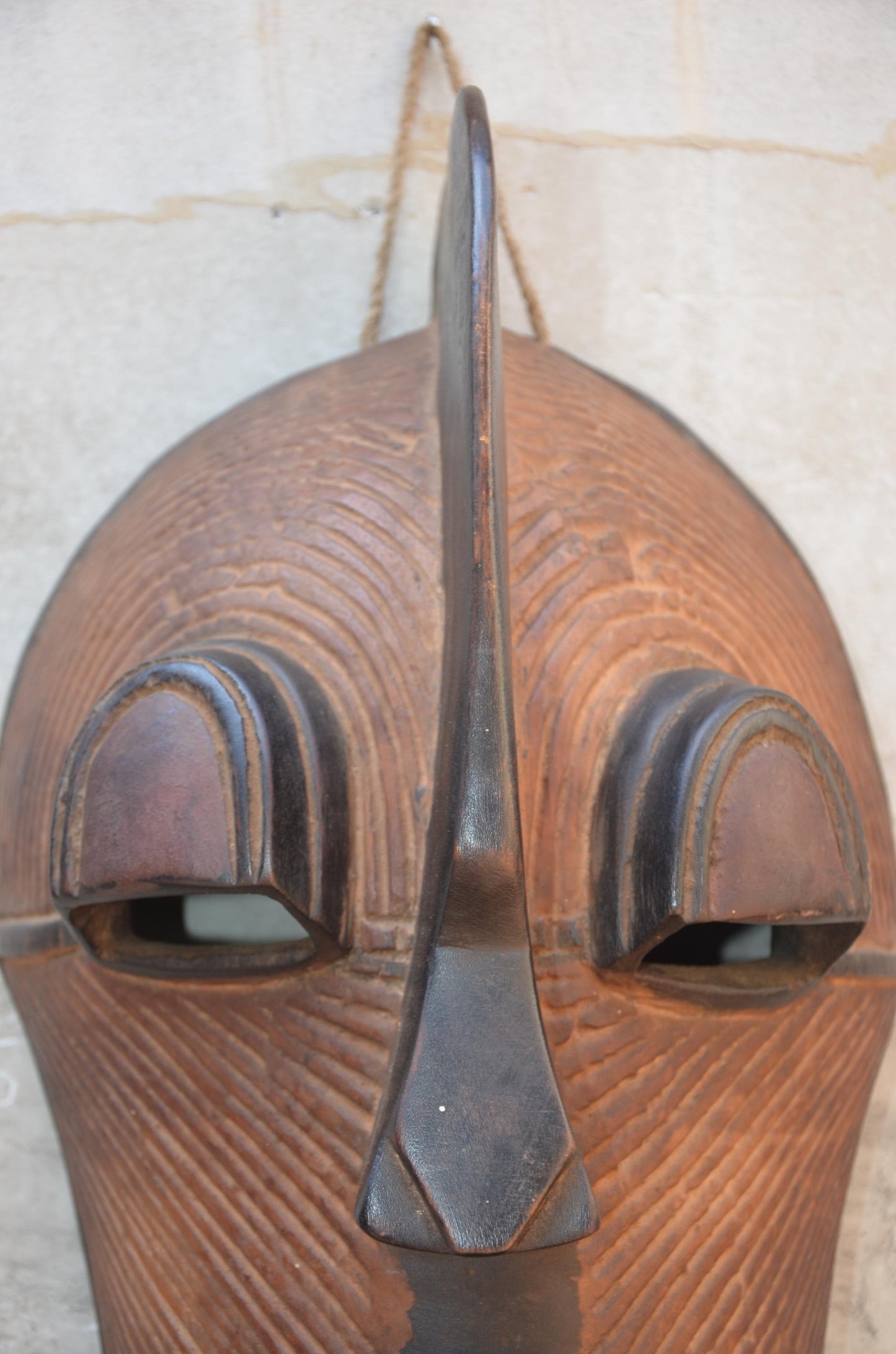 Authentic Songye Kifwebe Mask - 21" Striated Congo Helmet Mask, Striking Raised Sagittal Crest, High-End African Tribal Wall Sculpture.