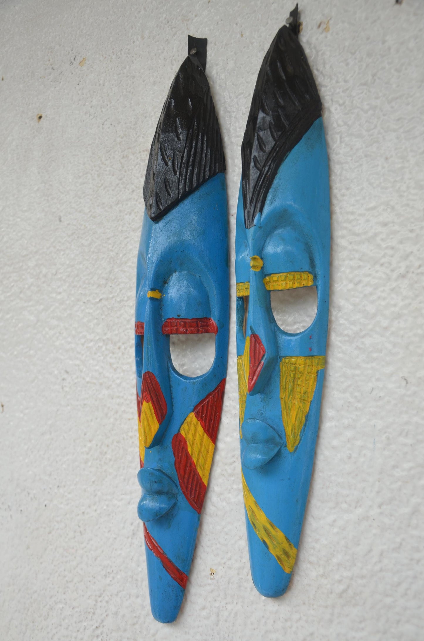 Hand-Carved Nyiginya Kingdom Cobalt Blue Wooden Facemask Couple | African Tribal Wall Art Decor
