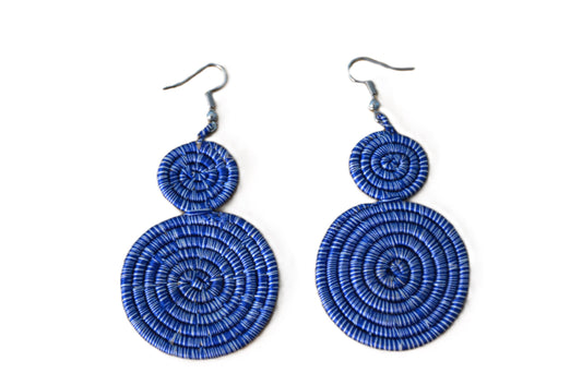 Big Blue Iridescent Sisal Rwandan Earrings, Handmade Woven African Basketry Jewelry, Boho Fiber Art