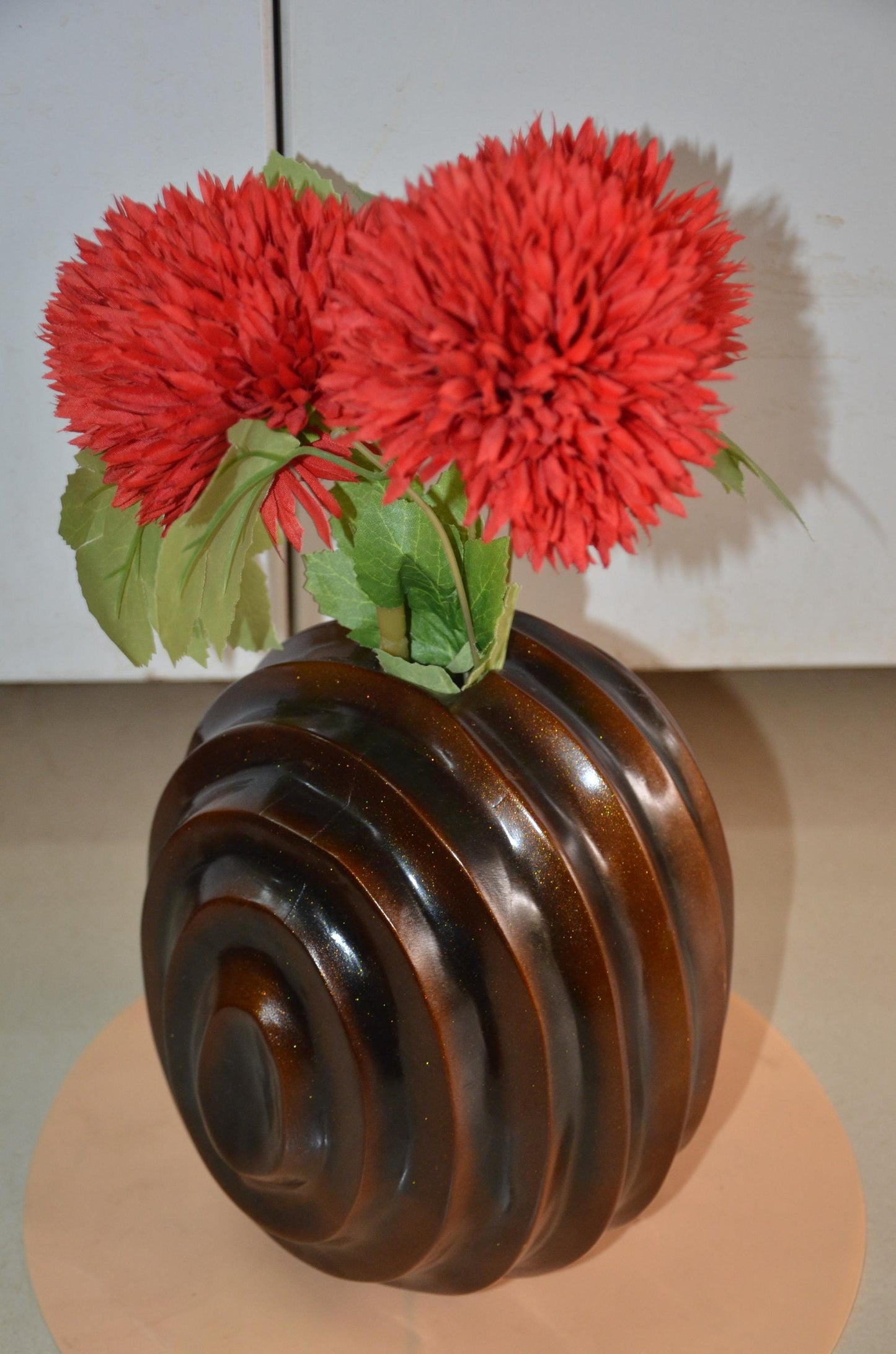 Spherical Wooden Ribbed Vase | Metallic Bronze Round Spiral Vessel