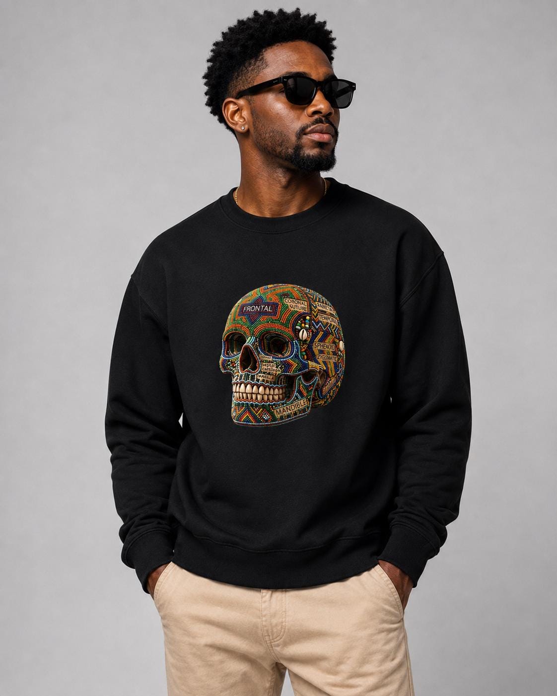 Ornate Skull Sweatshirt, African Inspired Mosaic Skull Crewneck, Halloween Graphic Streetwear