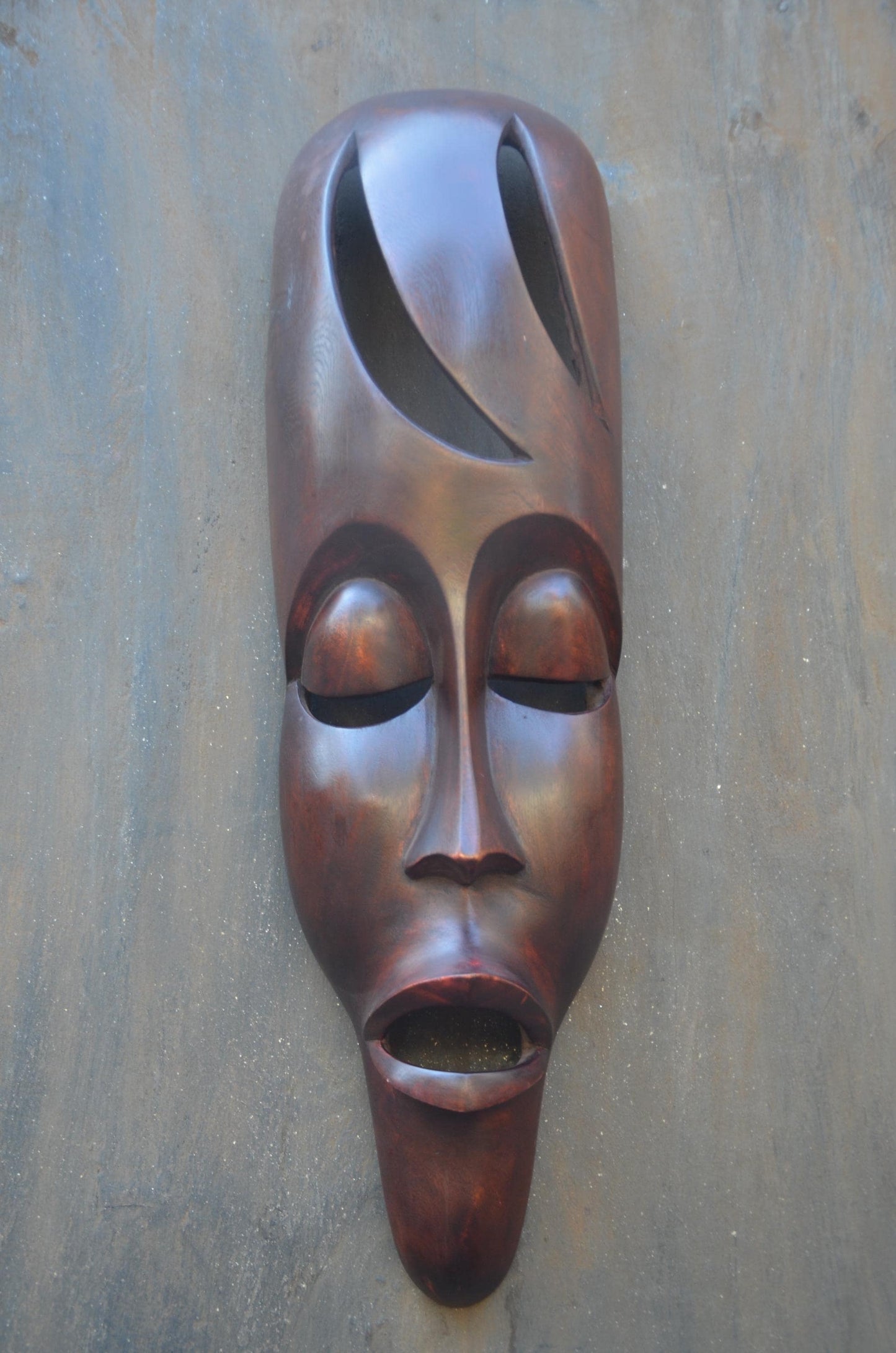 An Authentic Fang Ngil-Style Elongated Mask - 24" Sleek Gabon African Wood Mask, Contemporary Openwork Statement Wall