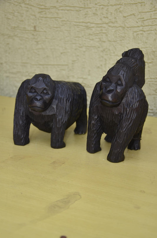 Hand Carved Wooden Gorilla Family Sculpture | Wildlife Art