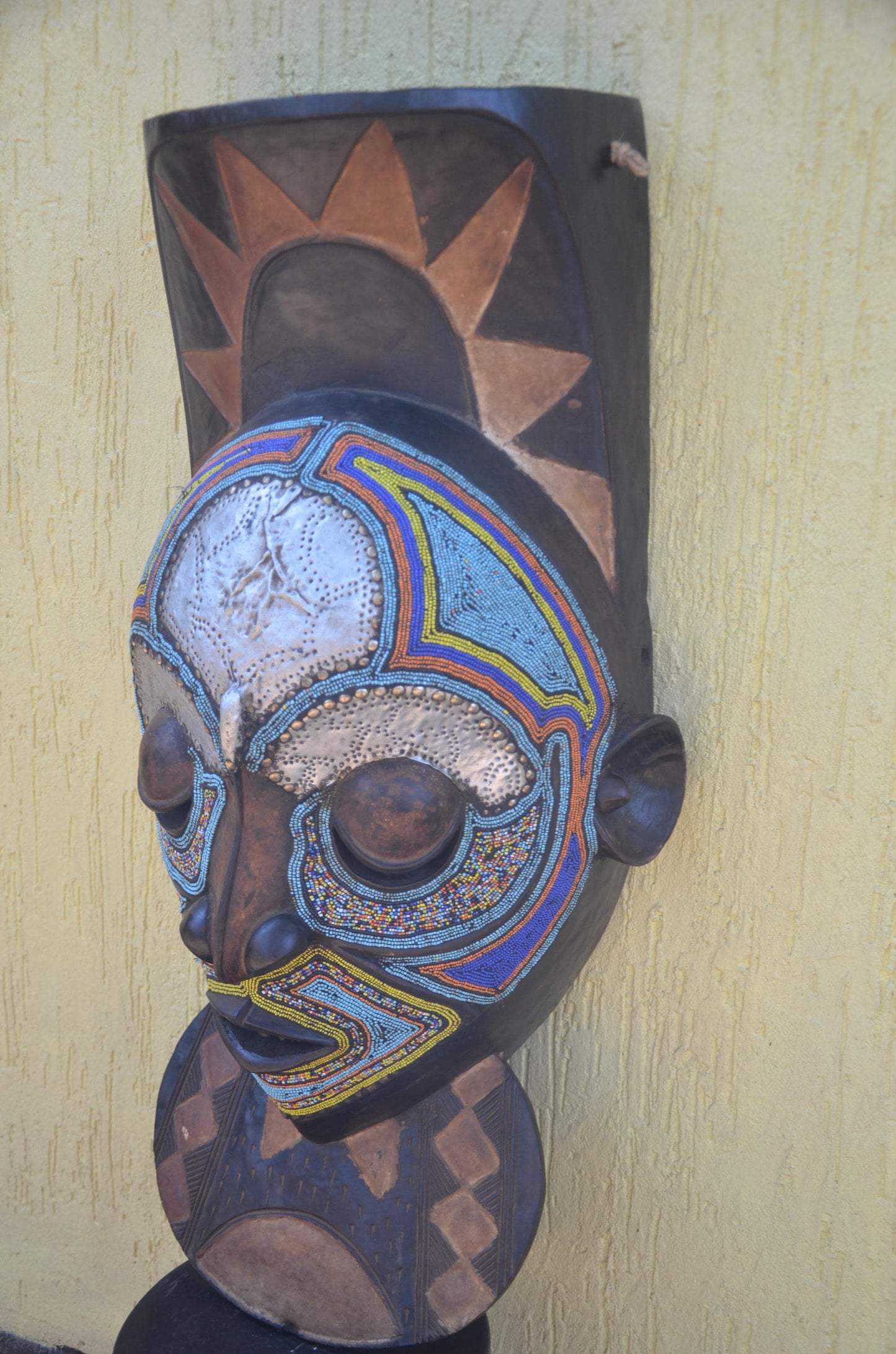 Marka African Mask – 34" Large Hand-Carved Wood & Brass Mask – Mali Wall Art.