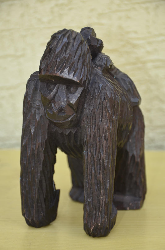 Hand Carved Wooden Mother & Baby Gorilla | Wildlife Art