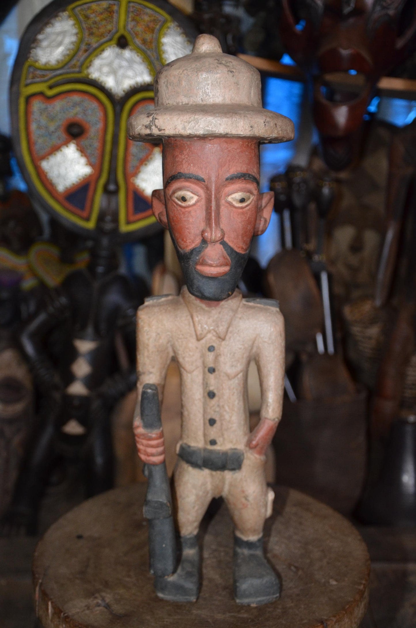 Large African Colon Statue - 28" Hand-Carved Wooden Colonial Soldier Figurine, Armed Guard / Hunter with Rifle.