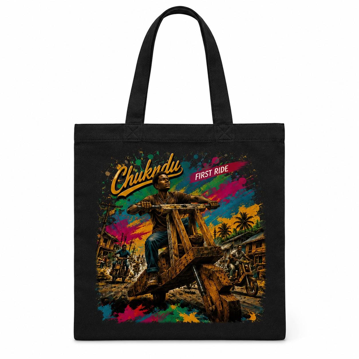 Chukudu First Ride Tote Bag, African Heritage Canvas Bag, Congolese Wooden Scooter Art, Cultural Gift, African Nostalgia Tote