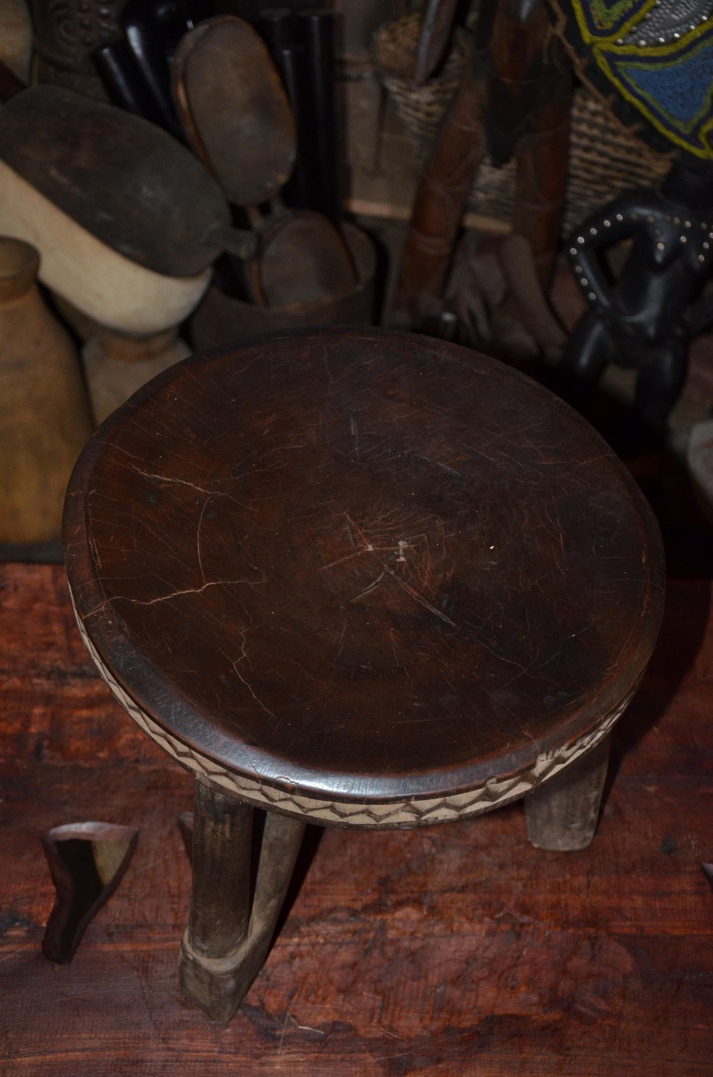 Authentic Kamba / Senufo Three-Legged Stool - 14" Hand-Carved African Wood Prestige Stool, Incised Geometric Rim.