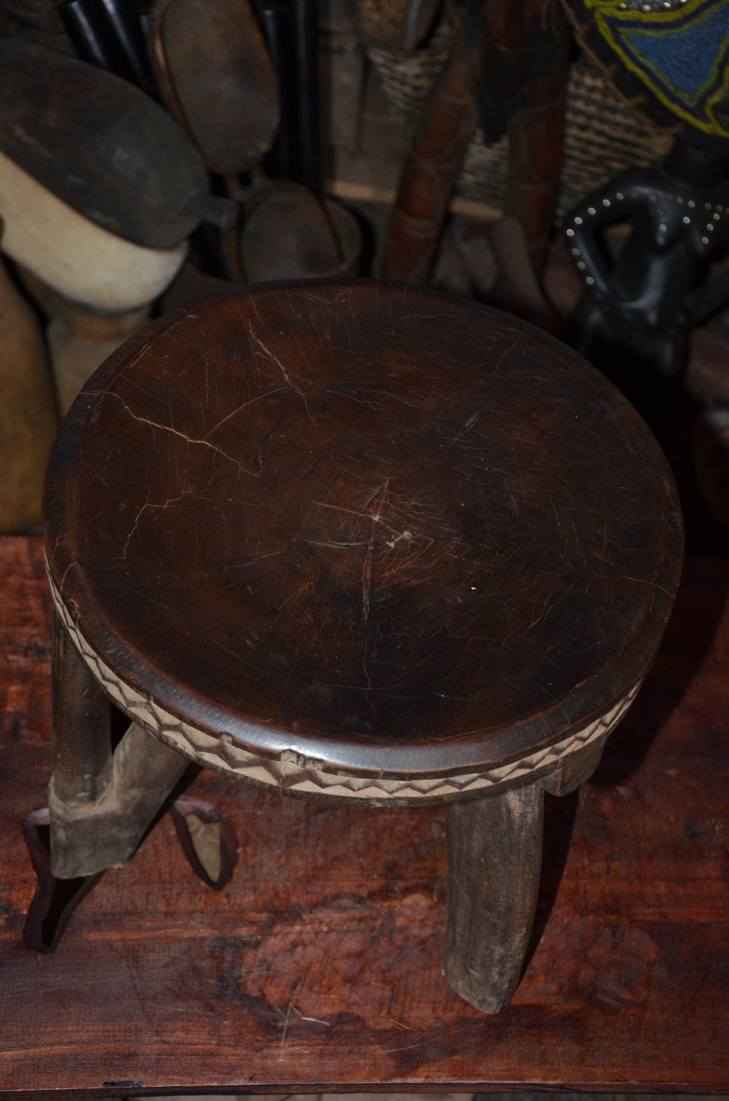 Authentic Kamba / Senufo Three-Legged Stool - 14" Hand-Carved African Wood Prestige Stool, Incised Geometric Rim.