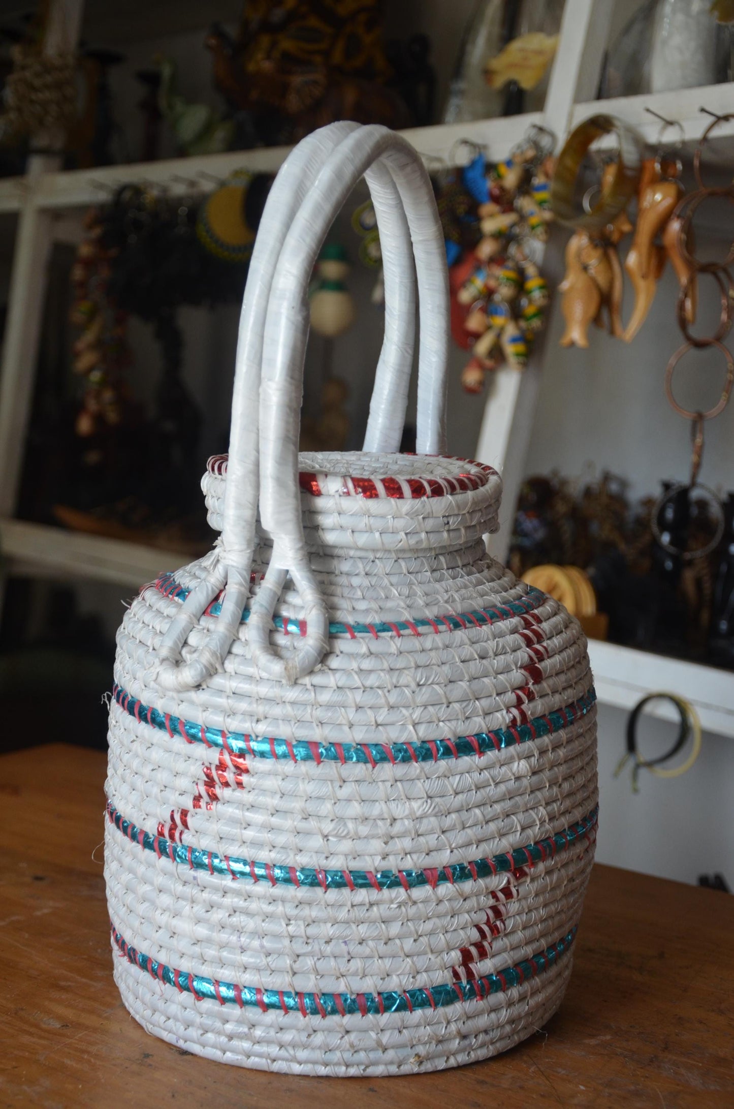 Handwoven Rwandan Agaseke Basket | White Boho Storage Basket with Lid