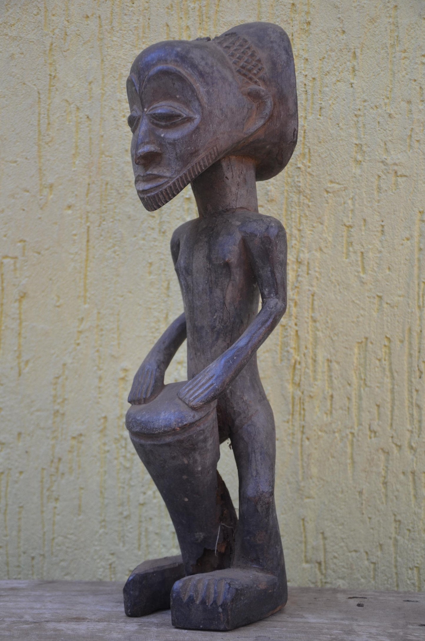 Luba Bowl Bearer – 16" Wooden African Figure – Congo Tribal Home Decor