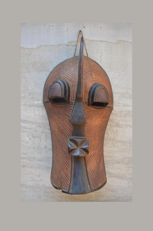 Authentic Songye Kifwebe Mask - 21" Striated Congo Helmet Mask, Striking Raised Sagittal Crest, High-End African Tribal Wall Sculpture.
