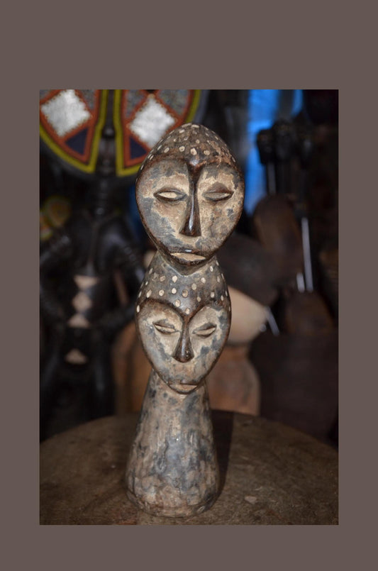 Authentic Lega Multi-Headed Figure - 13" Hand-Carved Wood Sakmatwematwe Sculpture, Traditional Kaolin Clay Patina.