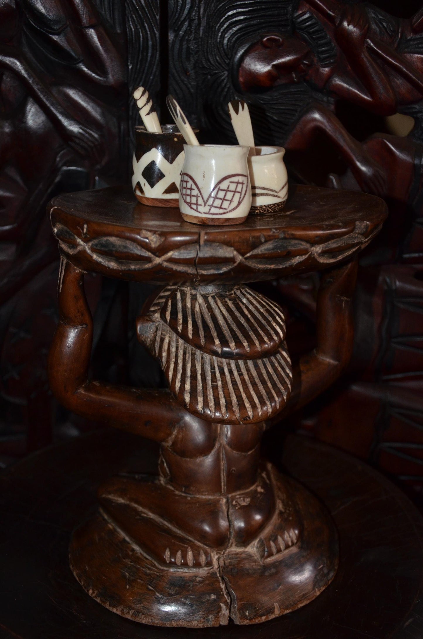 Luba Caryatid Stool – 11" Hand-Carved Wood Sculpture – Congo Tribal Art