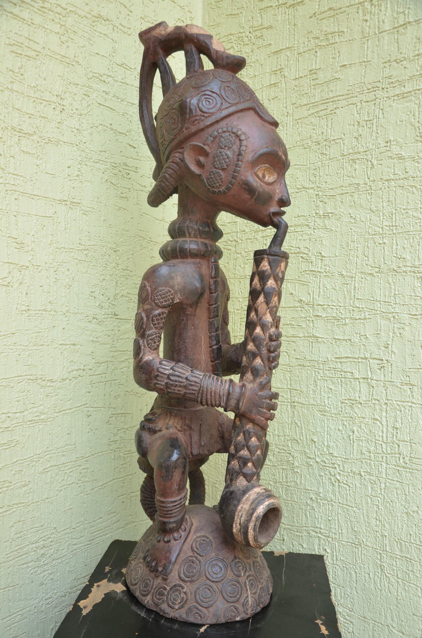 Bena Lulua Chief â€“ 41" Hand-Carved Wood Ancestor Smoking Pipe â€“ Tribal Art.