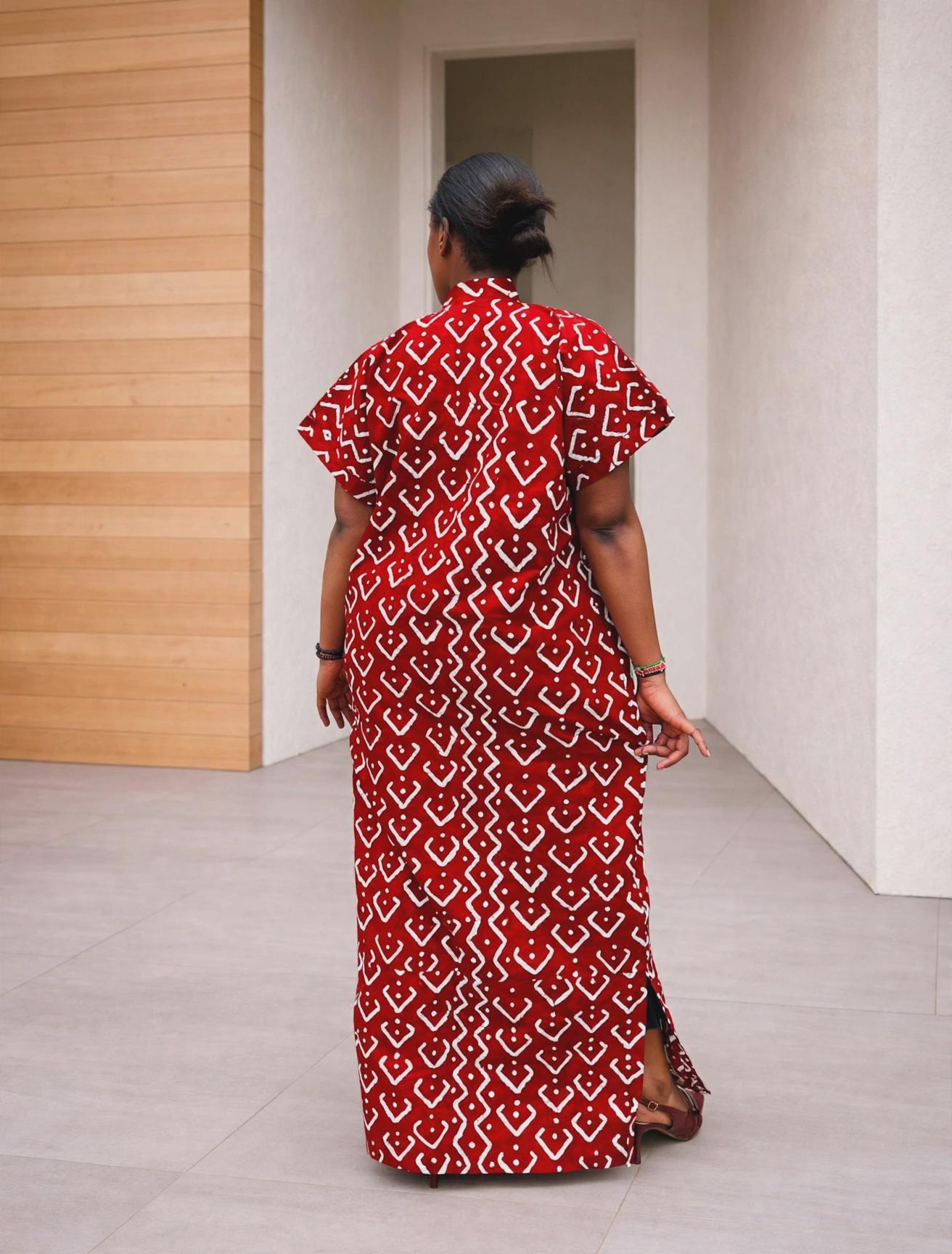 Geometric Rhombus Boubou Gown | Monochromatic Red Kaftan, Chevron-Frame Maxi