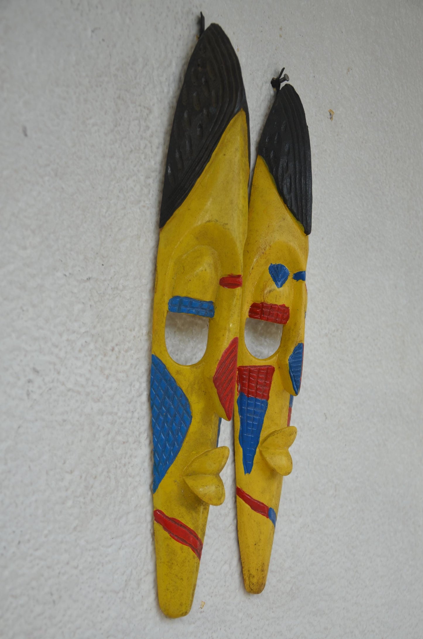Hand-Carved Nyiginya Kingdom Sunshine Yellow Wooden Facemask Couple | African Tribal Wall Art Decor