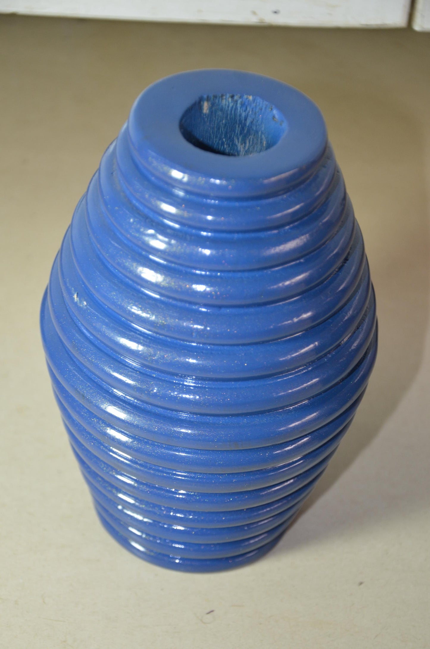 Large Blue Wooden Ribbed Vase | Cobalt Beehive Ringed Vessel | Modern Nordic Home Decor Accent Piece | Minimalist Handcrafted Wood Art