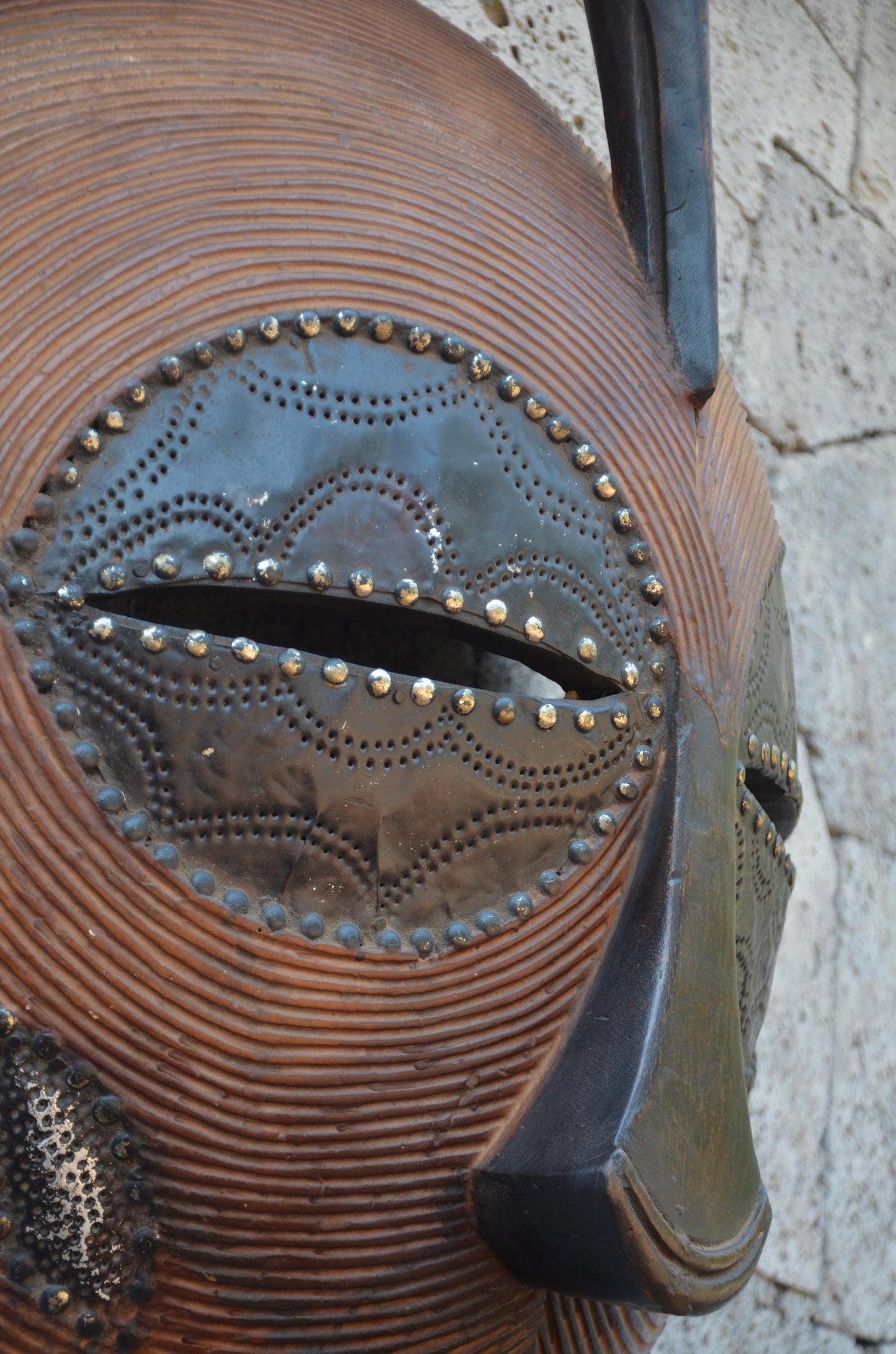 Grand Luba-Style African Mask - Massive 33" Hand-Carved Striated Wood Kifwebe Mask, Metal Sheet Overlay & Bird Crest Statement Piece.