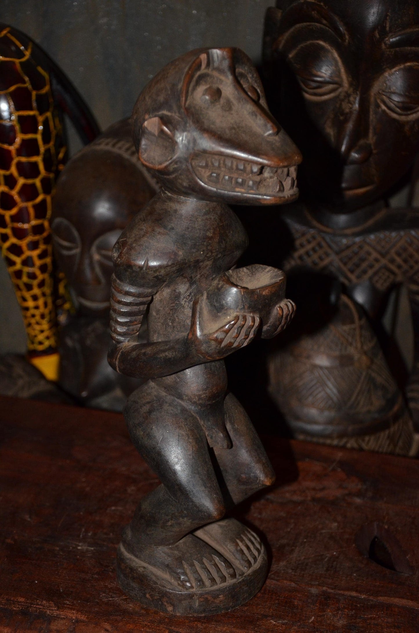Songye Monkey Figure Power Fetish - 16" Authentic Congo Nkishi Statue, Zoomorphic Offering Bowl Carving, High-End African Tribal Collectible