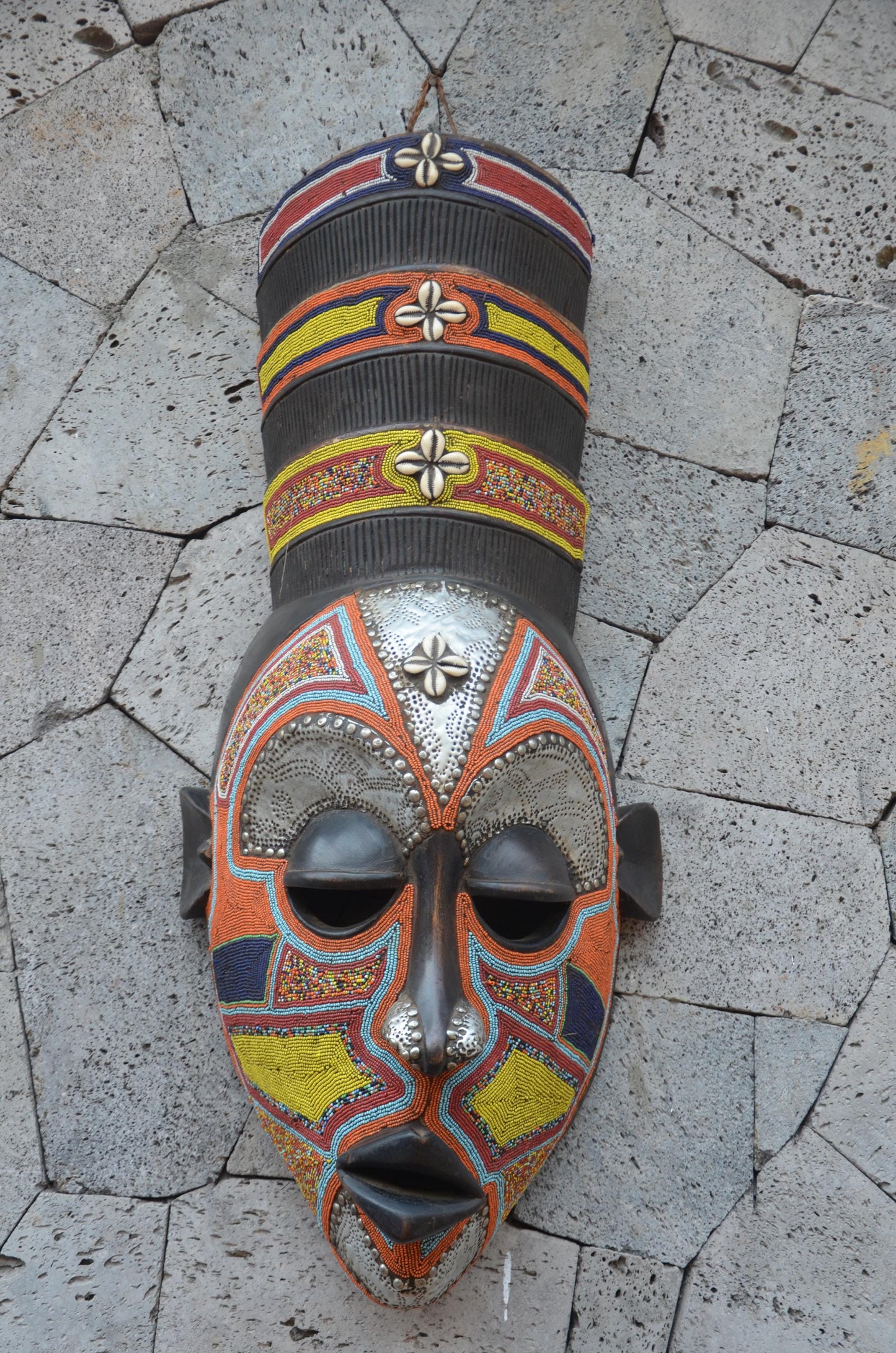 Yoruba Beaded Mask – 38" Large Hand-Carved Wood & Brass Mask – Wall Art