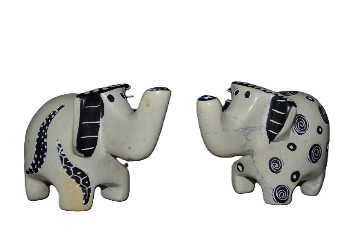 Set of 2 Soapstone Elephant Figurines Hand Carved Kenyan Animal Statue Cream Black Modern Boho Shelf Decor Elephant Lover Gift Art