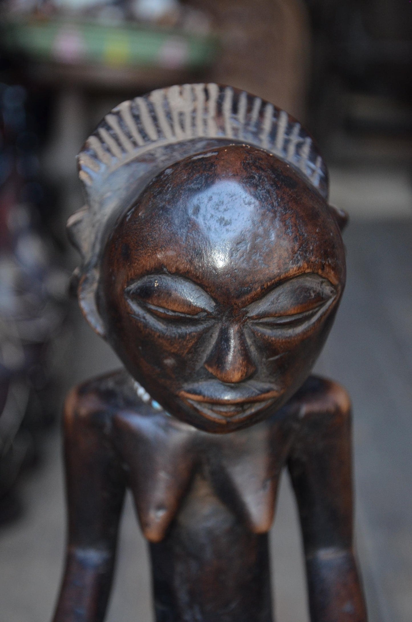 Authentic Luba Bowl-Bearer Statue - 14" Hand-Carved Wood Mboko Female Ancestor Sculpture, Devotional Figure with Bead Accent.