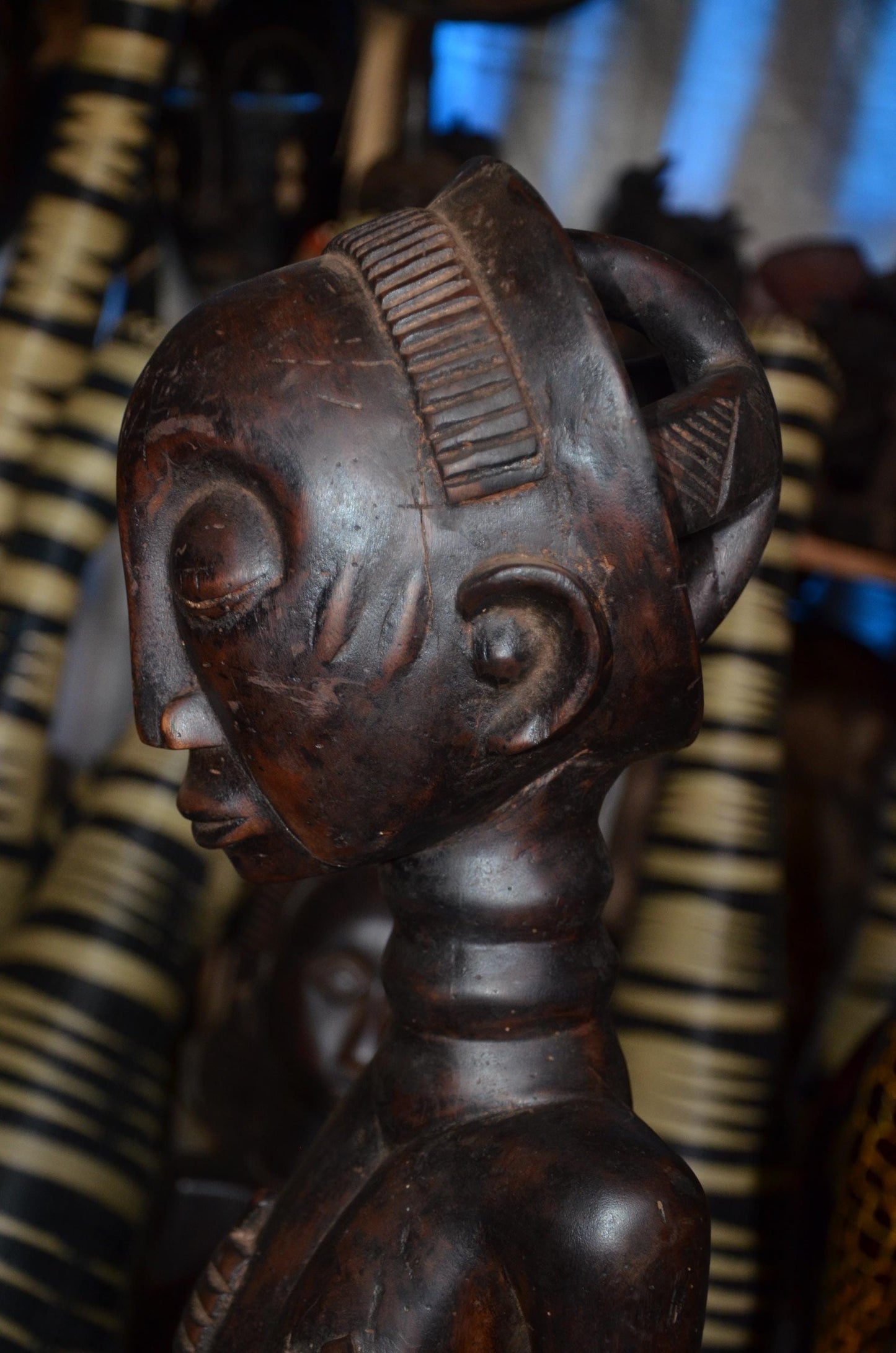 Luba Female Ancestor Fertility Figure - 29" Authentic Congo Wood Statue, Intricate Body Scarification, Prestige Tribal Art.