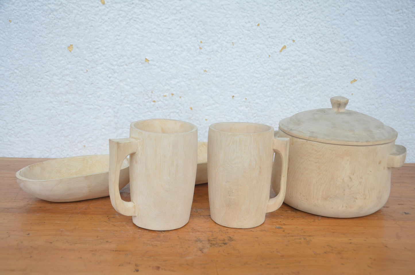 Hand-Carved Wooden Food Dish and Mug Set | Artisan African Kitchen Decor