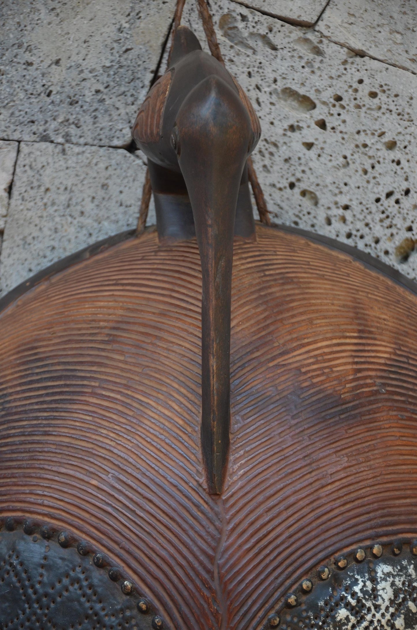 Luba Large African Mask – 33" Hand-Carved Wood & Brass Mask – Congo Wall Art.