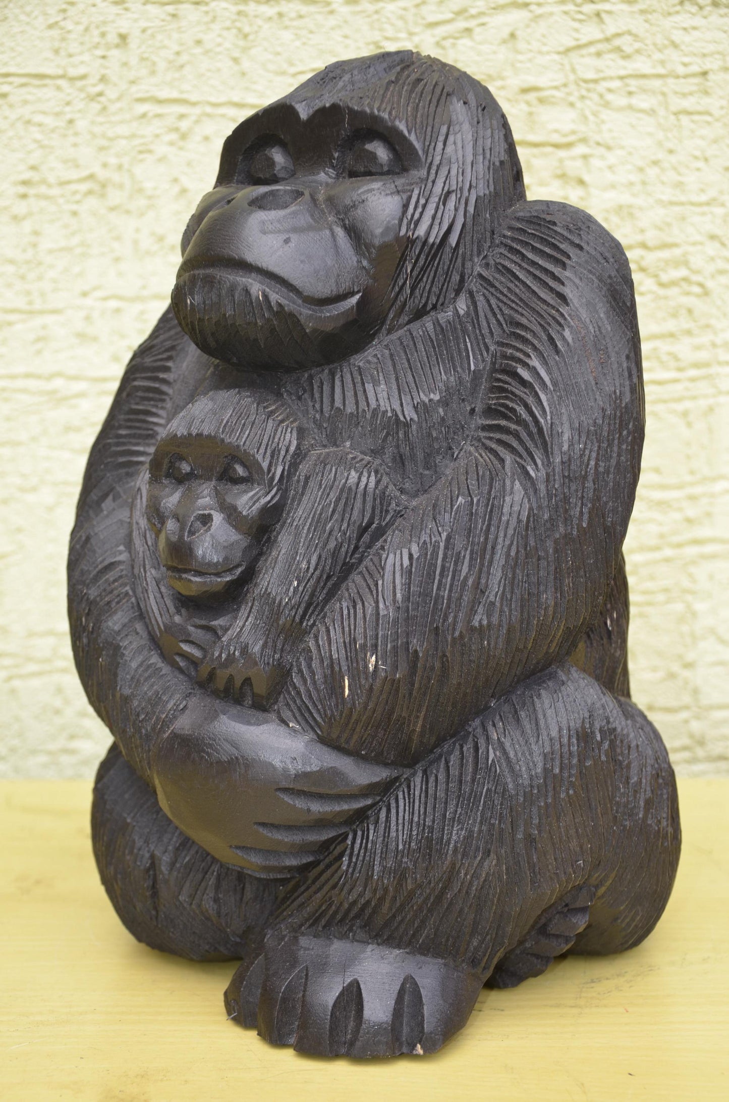 Seated Wooden Gorilla Maternity Sculpture | Wildlife Family Art Figurine