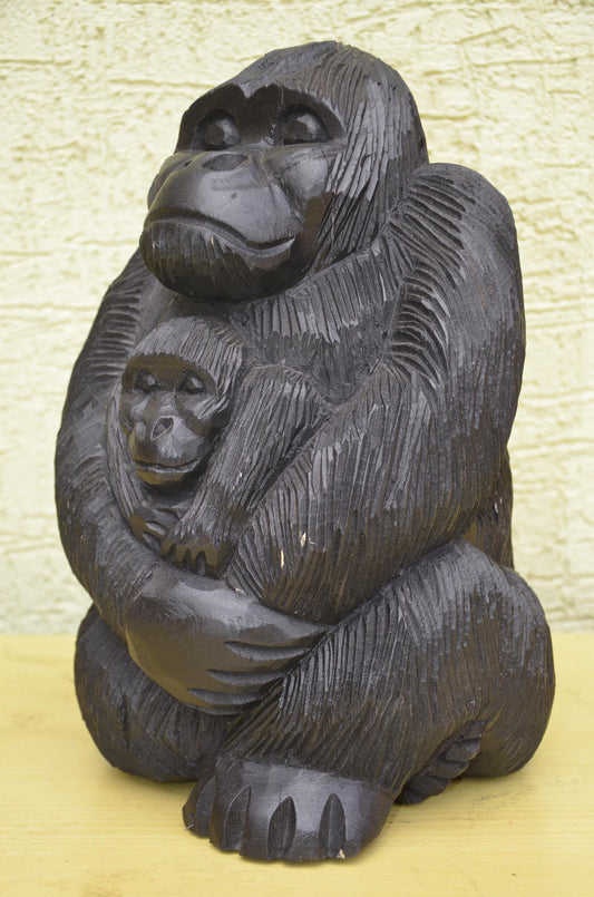 Seated Wooden Gorilla Maternity Sculpture | Wildlife Family Art Figurine