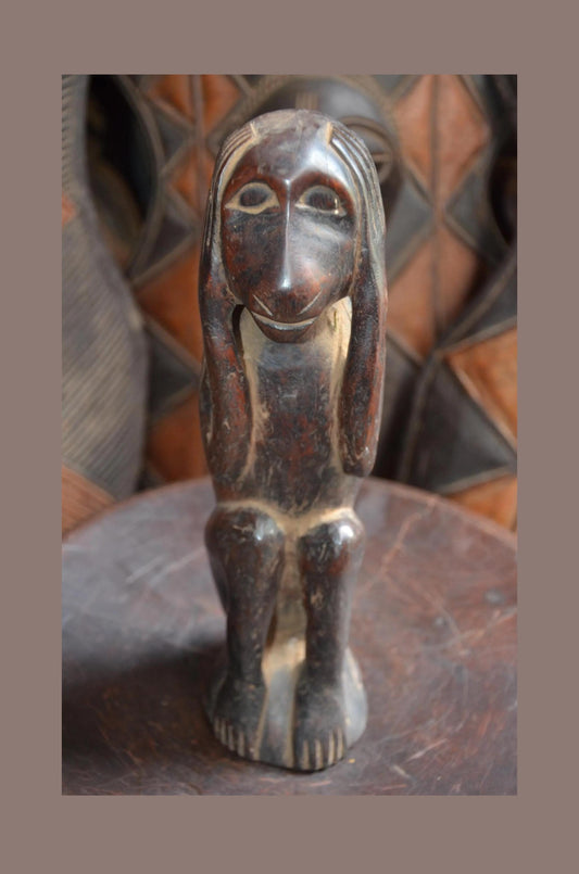 Authentic Hemba Chimpanzee Power Figure - 12" Hand-Carved Wood Soko Mutu Statue, Traditional Primate Ancestor Carving.
