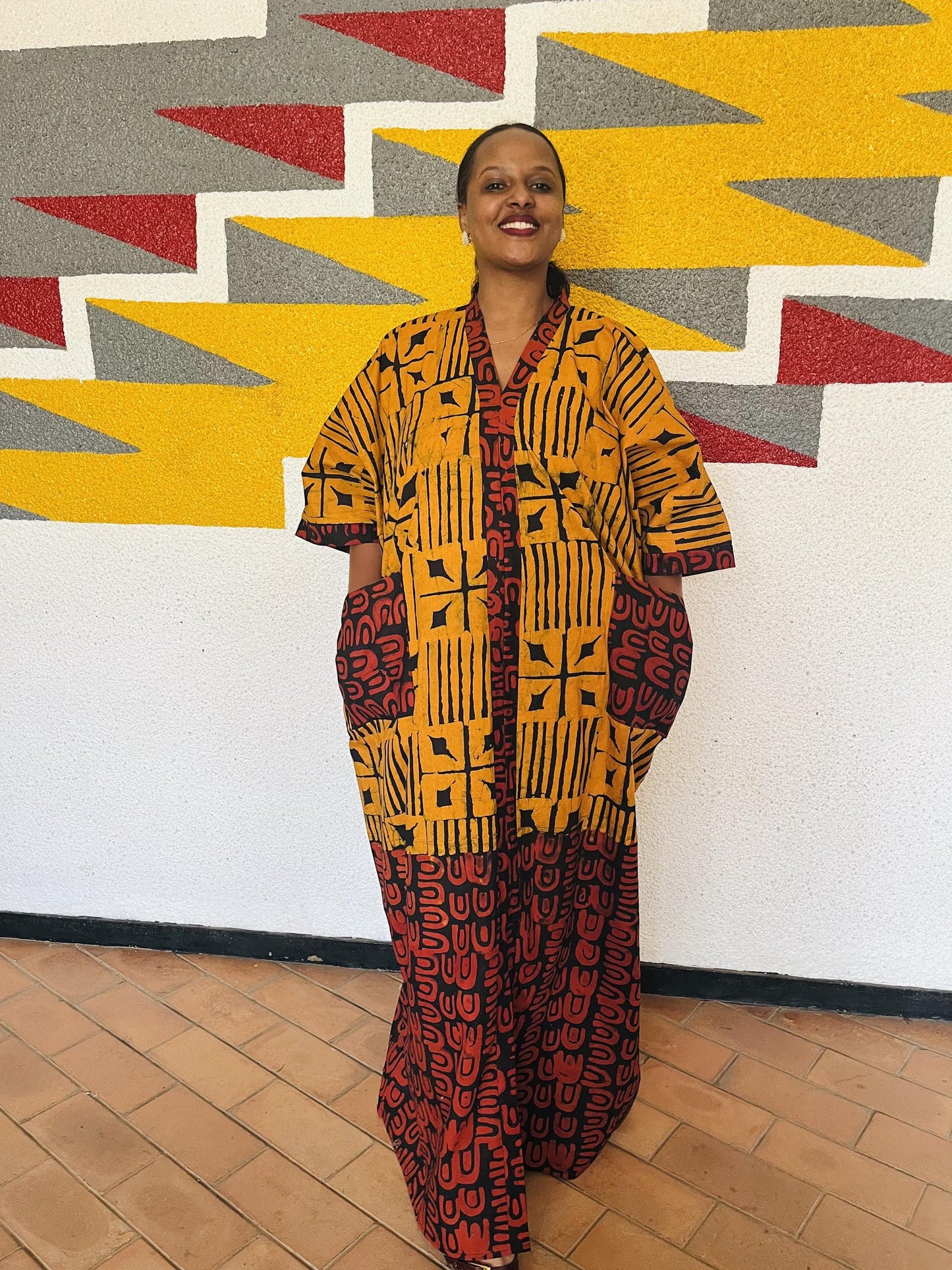 Split Graphic Ankara Boubou Gown | Half-and-Half Tribal Kaftan, Mustard and Burgundy Maxi