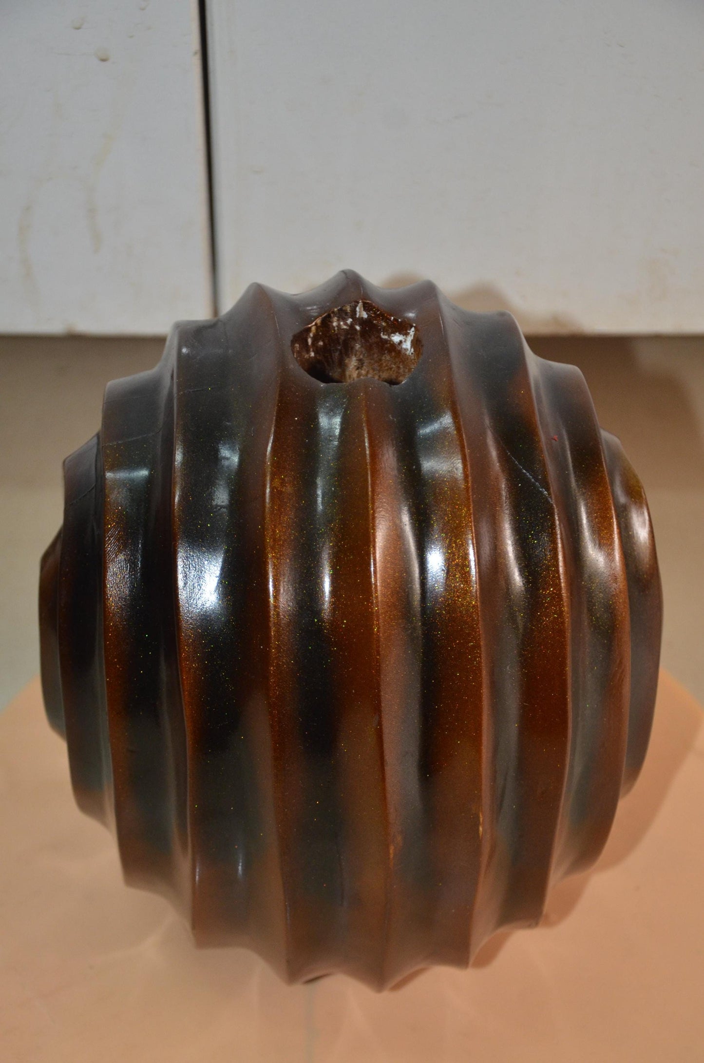 Spherical Wooden Ribbed Vase | Metallic Bronze Round Spiral Vessel